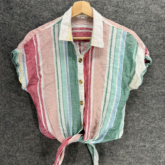 Thread + Supply Shirt Women M Medium Pink Striped Button Up Collared Linen - Picture 1 of 7